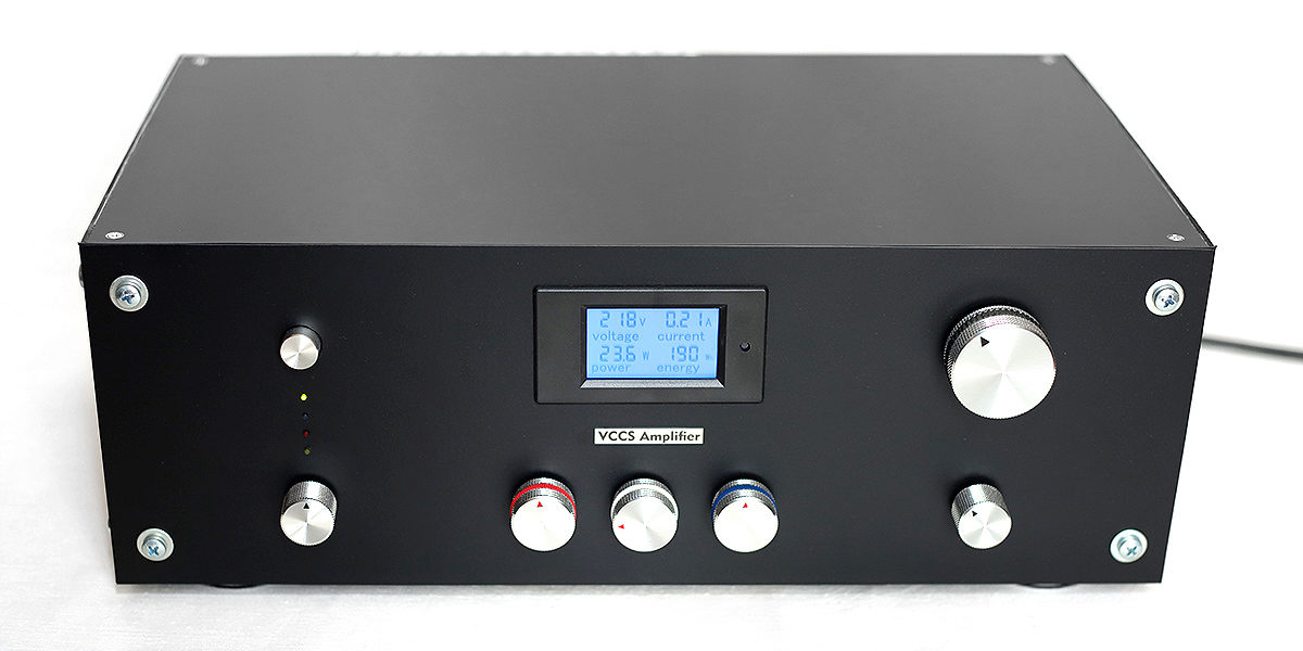 JBA-010 stereo. VCCS audio Amplifier (voltage-controlled current source, ИТУН). Class A+B. Three band EQ (+/- 20dB). 4 inputs (incl.”Phono”). Trans ~300W (+/- 53V). Hand made 2019. Weight-9,4kg. 435x160x290mm (available)